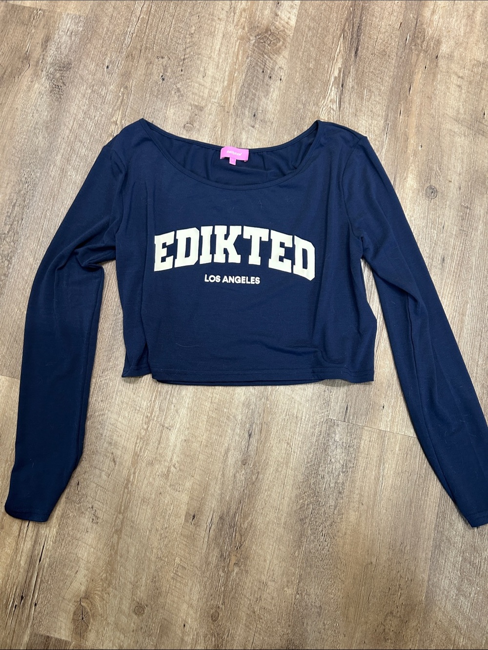 Edikted Navy Cropped Long Sleeve Top with White Logo